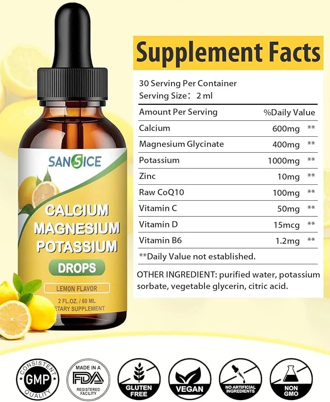 Calcium Magnesium Potassium Supplement Liquid,400mg Magnesium Glycinate,600mg Calcium (60ml/Lemon Flavor)