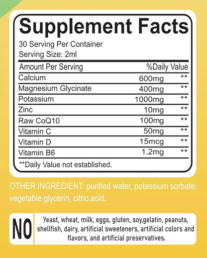 Calcium Magnesium Potassium Supplement Liquid,400mg Magnesium Glycinate,600mg Calcium (60ml/Lemon Flavor)