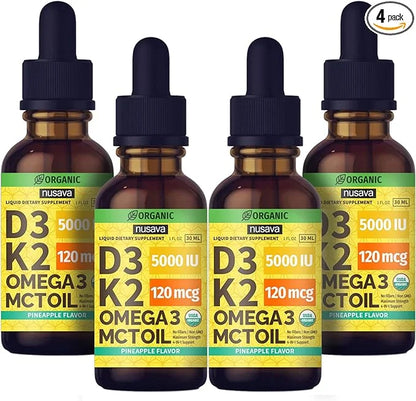 (4 Pack) Organic Vitamin D3 K2 3, 5000 5000 IU, 5000 IU, D3 for 4 Fl