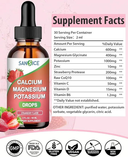 Calcium Magnesium Potassium Supplements,Magnesium Glycinate 400mg (60ml/Strawberry Flavor)