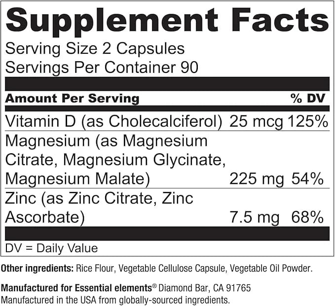 Essential Elements Magnesium & Zinc D3 for 200mg - 3 Month