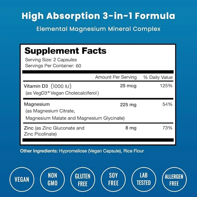 NutraChamps Magnesium Zinc & Vitamin D3 Supplement 120 Vegan