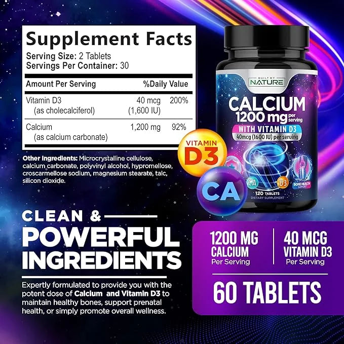 Calcium 1200mg with Vitamin D3 1200 mg 1600 IU D3, Slow 60 Tablets