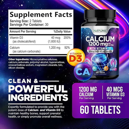 Calcium 1200mg with Vitamin D3 1200 mg 1600 IU D3, Slow 60 Tablets