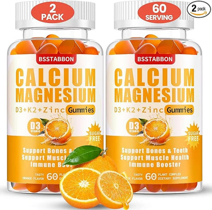 Sugar Free Calcium Magnesium Gummies 600mg Calcium,300mg Magnesium D3 & K2,Supplements for Support（120count,BS1722)