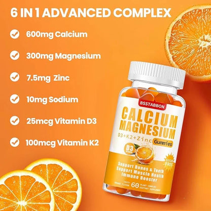 Sugar Free Calcium Magnesium Gummies 600mg Calcium,300mg Magnesium D3 & K2,Supplements for Support（120count,BS1722)