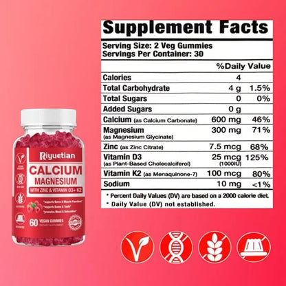 2 Pack Calcium Magnesium Zinc Gummies D3 Supplement, 120 Count