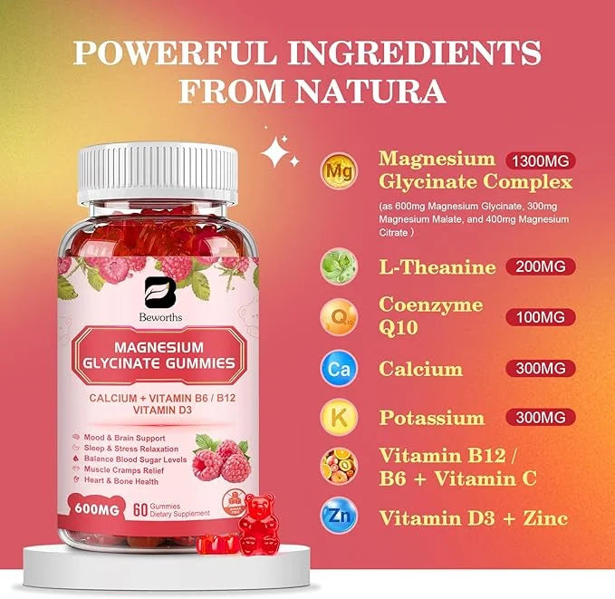 Magnesium Glycinate Gummies, 600Mg Magnesium Supplement Q10, Vitamin, 120 Vegan