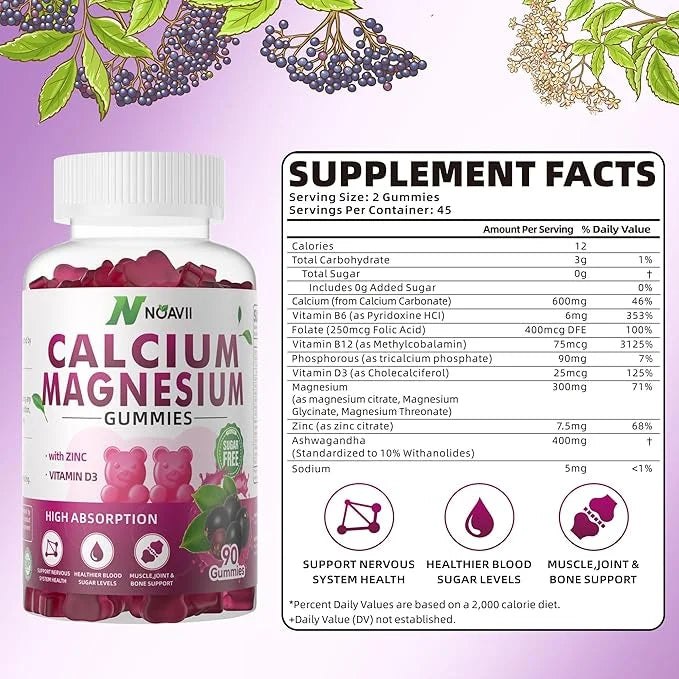 Calcium Magnesium Zinc Gummies with Vitamin D3, ashwagandha Flavor-90 Count