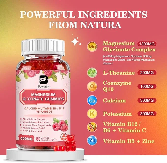 Magnesium Glycinate Gummies, 600Mg Magnesium Supplement Q10, Vitamin, 60 Vegan