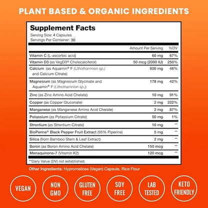Bone Strength Supplements 600mg | D3 2000 2000 IU, K2, Magnesium, 120 Vegan