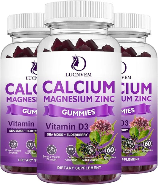 Calcium Magnesium Zinc Gummies witn Elderberry 2:1, Contains D3, for 60 Gummies(3 Gummies(3 Packs)