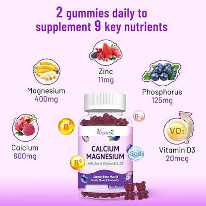 Calcium Magnesium Zinc Gummies with Vitamin D3 & B12, Sugar