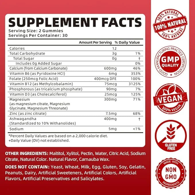 Calcium Magnesium Zinc Gummies for Women, 600 mg D3 for 60 Gummies