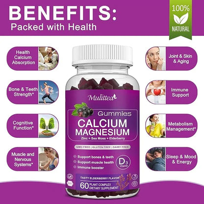 Calcium Magnesium Zinc Gummes with Magnesium 200mg, Potassium D3, 60veggie 60veggie Whole