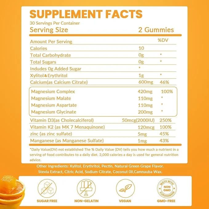 Calcium Magnesium Gummies 600mg Calcium,420mg Magnesium D3+K2 High （120count,BS0301)