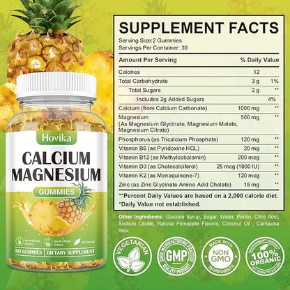 Calcium Magnesium Zinc Gummies, Calcium Magnesium 2:1 Ratio D3, K2, K2, B6, B6, B12 B12 for 60 Gummies