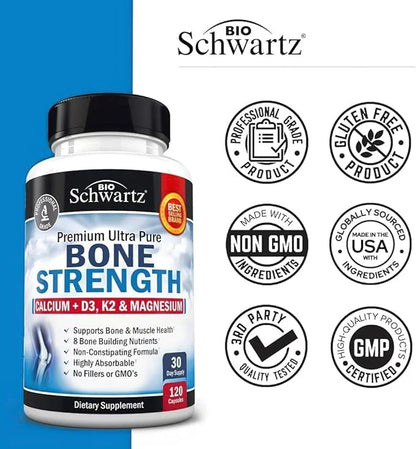 Bone Strength Calcium Supplement D3, K2, K2, C, 8 Bone-Building 120 Veggie