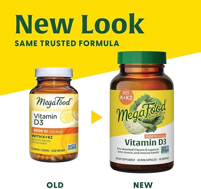 MegaFood Vitamin D3 5000 IU (125 mcg) D3 K2, K2, Supports 120 Mini 120 Servings