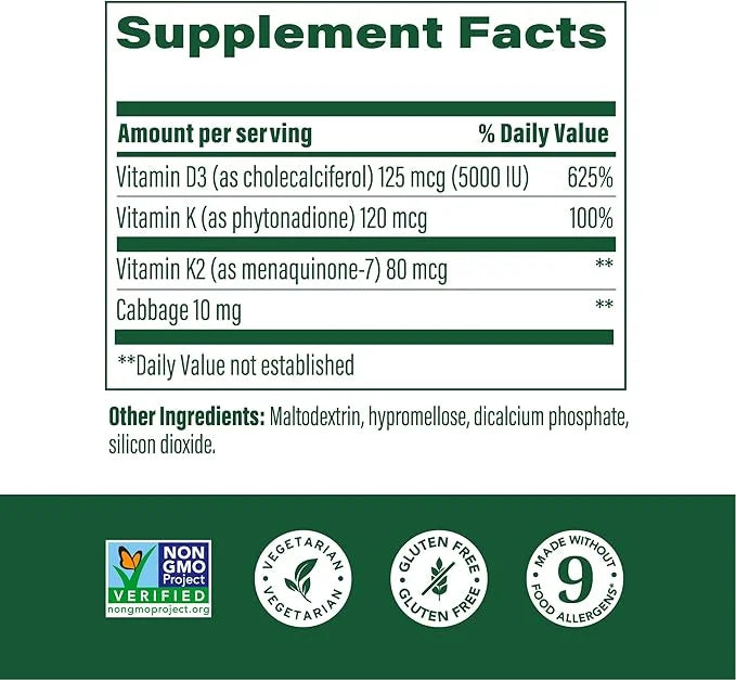 MegaFood Vitamin D3 5000 IU (125 mcg) D3 K2, K2, Supports 120 Mini 120 Servings