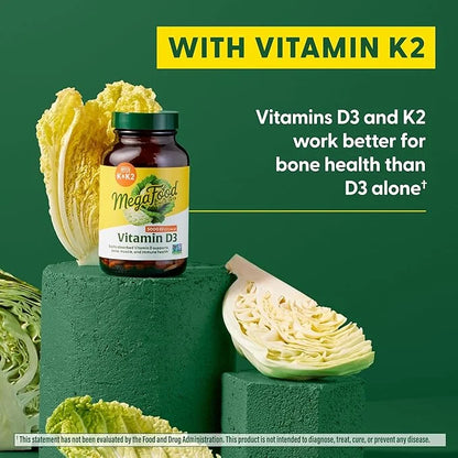 MegaFood Vitamin D3 5000 IU (125 mcg) D3 K2, K2, Supports 120 Mini 120 Servings