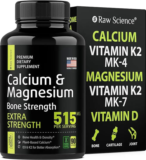 Calcium Magnesium Supplement, Bone Strength Supplements, K2, Plant 515MG Per 90 Capsules
