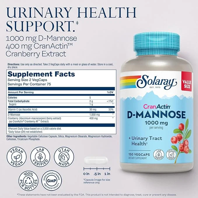 Solaray D-Mannose 1000mg with CranActin Cranberry Extract 60 Day 75 Serv, 150 VegCaps