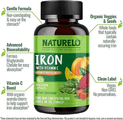 NATURELO Vegan Iron Supplement with Vitamin 180 Mini