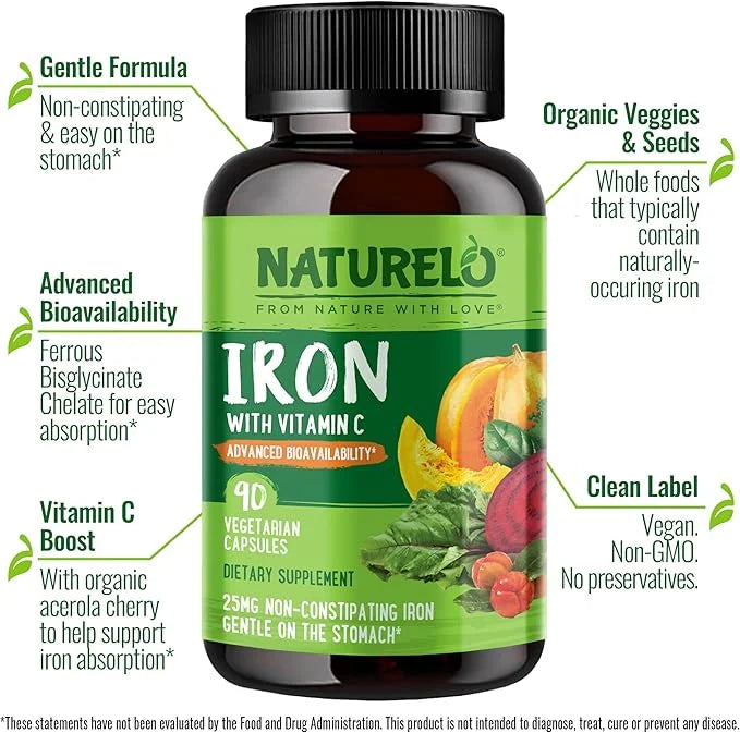 NATURELO Vegan Iron Supplement with Vitamin 90 Mini