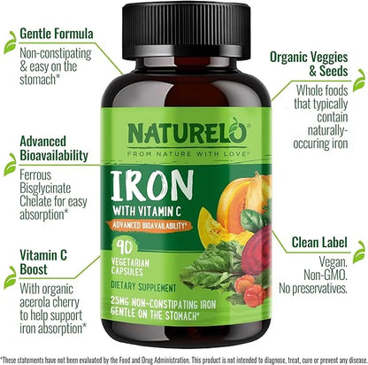NATURELO Vegan Iron Supplement with Vitamin 90 Mini