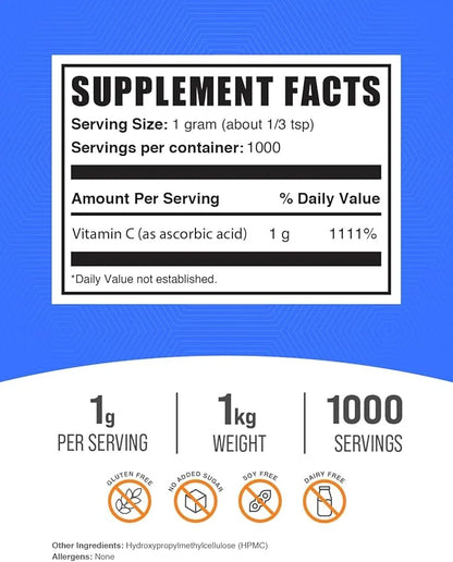 BulkSupplements.com Ascorbic Acid Powder 1g per 1kg (2.2 (2.2 lbs) 1)