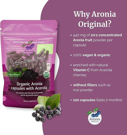 Aronia Original Organic Aronia Berry Capsules (120 Count) 440 mg 20:1 Aronia 60 mg