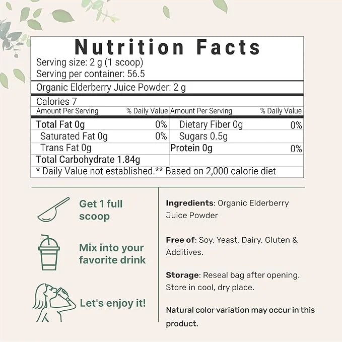 Organic Elderberry Juice Powder, 4oz 100% Natural