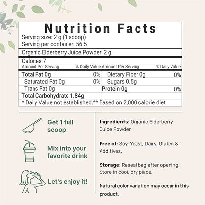 Organic Elderberry Juice Powder, 4oz 100% Natural