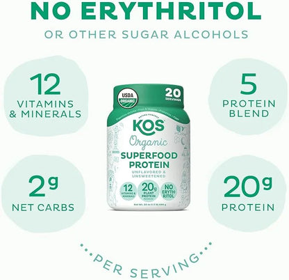 KOS Vegan Protein Powder, Unflavored & Unsweetened 20 Servings