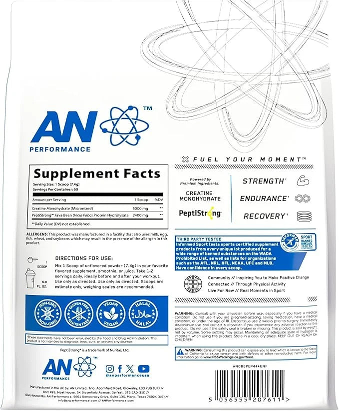 AN Performance Creatine + Peptide | Unflavored | 5g Creatine Monohydrate, 2.4g PeptiStrong | Gluten-Free, Low Carb, Low Fa...