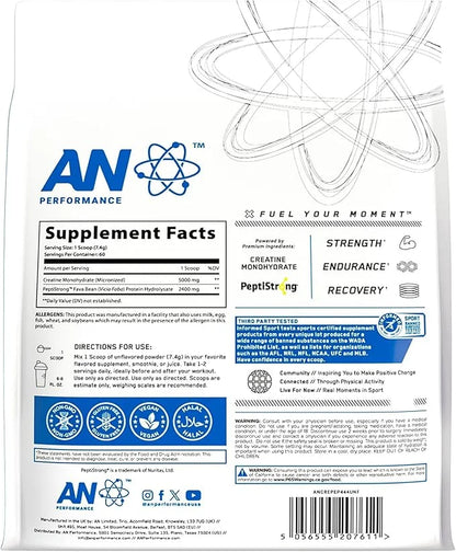 AN Performance Creatine + Peptide | Unflavored | 5g Creatine Monohydrate, 2.4g PeptiStrong | Gluten-Free, Low Carb, Low Fa...