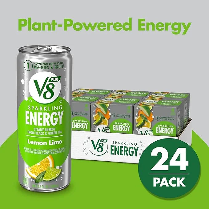 V8 +SPARKLING ENERGY Lemon Lime Energy Drink, Made with Real Vegetable and Fruit Juices, 11.5 FL OZ Can (6 Packs of 4) - P...