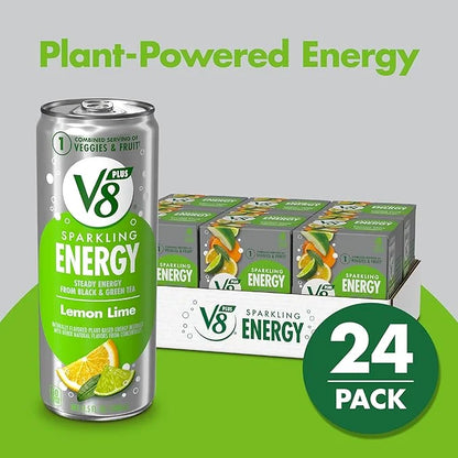 V8 +SPARKLING ENERGY Lemon Lime Energy Drink, Made with Real Vegetable and Fruit Juices, 11.5 FL OZ Can (6 Packs of 4) - P...