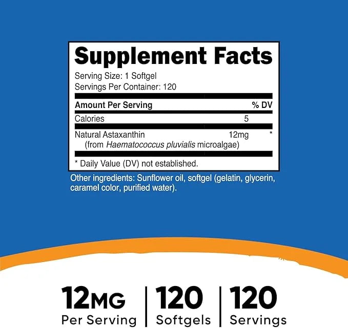Nutricost Astaxanthin 12mg, Non-GMO and Gluten 120 Softgels (4 Month