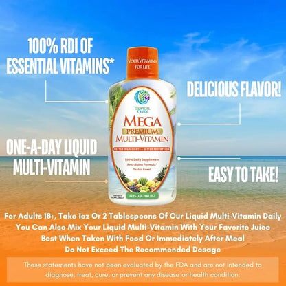Mega Premium Liquid Multivitamin 1333% Vitamin 200% D3, D3, Zinc 20 Vitamins, 70 Minerals, 21 Amino 98% Absorption 32 Serv