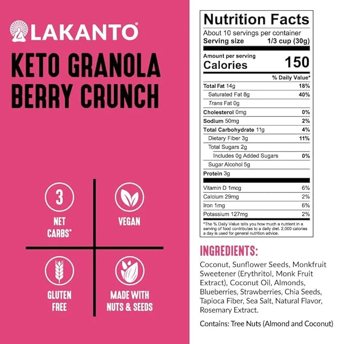 Lakanto Berry Crunch Granola - Delicious Snack, Quick Breakfast Cereal, Keto Friendly, Monk Fruit Sweetener, No Sugar Adde...