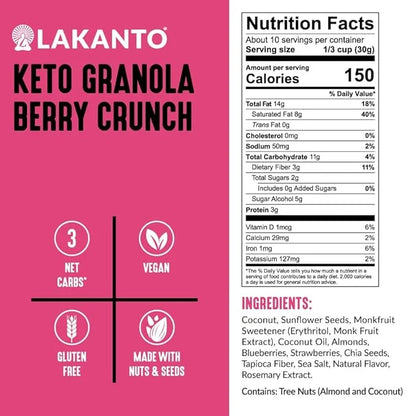 Lakanto Berry Crunch Granola - Delicious Snack, Quick Breakfast Cereal, Keto Friendly, Monk Fruit Sweetener, No Sugar Adde...