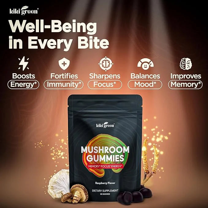 Mushroom Gummies with Lion's Mane & 9 Adaptogen 60 Gummies, 10:1 Extract