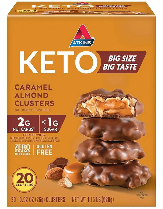 Atkins Caramel Almond Clusters, Gluten Free, High in Fiber, 1g Sugar, 2g Net Carb, Keto Friendly, 20 Count - Product Image