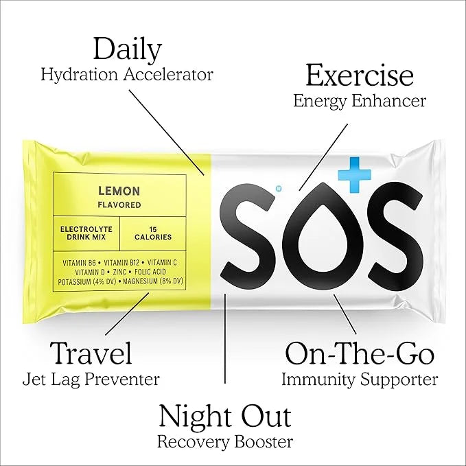 SOS Hydration Electrolyte Powder Packets, Lemon Flavor, 8 Stick Packs – Low-Calorie, Zero Sugar, Rapid Rehydration, Made i...