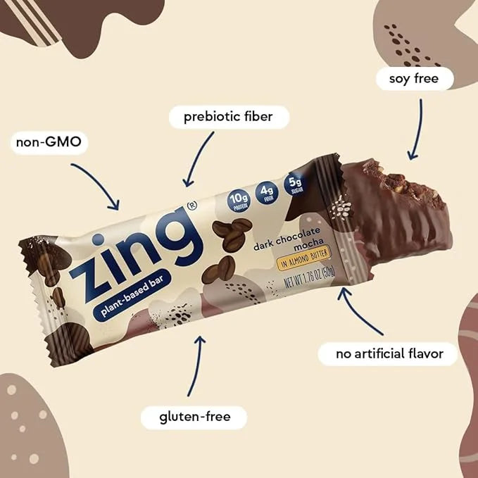 Zing Dark Chocolate Mocha Vegan Protein Bars, Gluten Free with High Protein, High Fiber, Dairy Free Nutrition Bars, Plant ...
