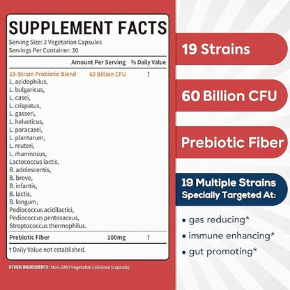 Probiotics 60 Billion CFU 19 Strains 100mg Prebiotic, 2-in-1 Daily 60 Veggie