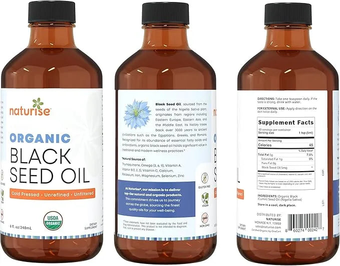 Organic Black Seed Oil (Nigella Sativa, Cumin Seed) Cold Pressed Non-GMO, 8 oz Glass Bottle Source of Essential Fatty Acid...