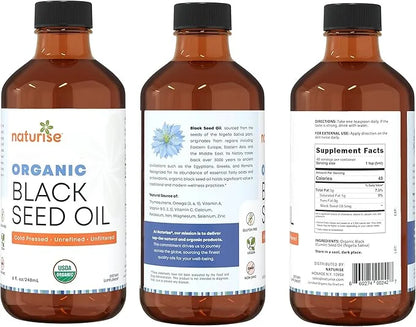 Organic Black Seed Oil (Nigella Sativa, Cumin Seed) Cold Pressed Non-GMO, 8 oz Glass Bottle Source of Essential Fatty Acid...
